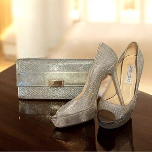 Jimmy Choo Glittering Silver Platform Heels and Clutch